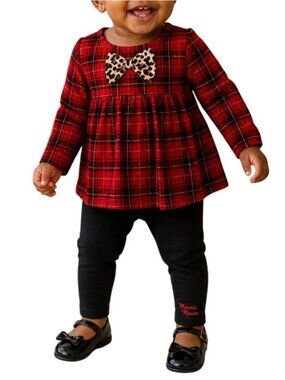 Disney Minnie Infant Size 12M Outfit 2-Piece Set Plaid Tunic Black Leggings